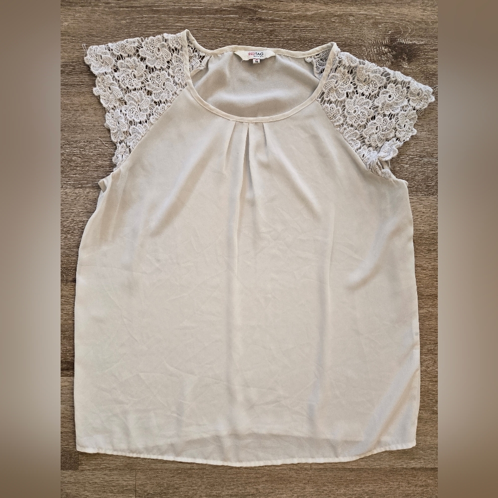 Women's White Dress Shirt Blouse with Lace Sleeves - RedTag Woman Brand - UK 16